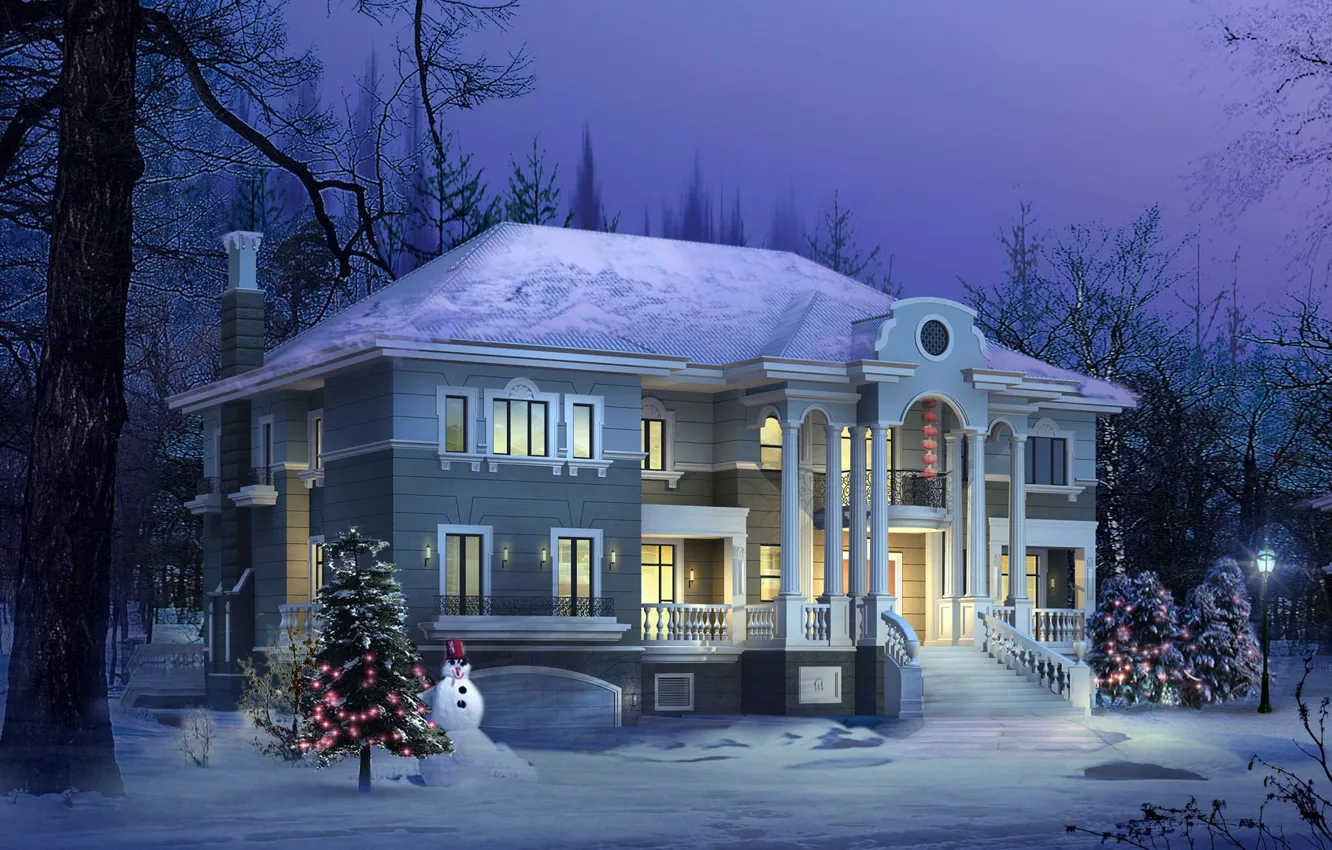 Photo wallpaper winter, house, visualization
