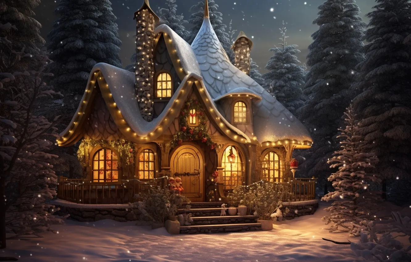 Photo wallpaper winter, snow, decoration, night, lights, tree, New Year, Christmas