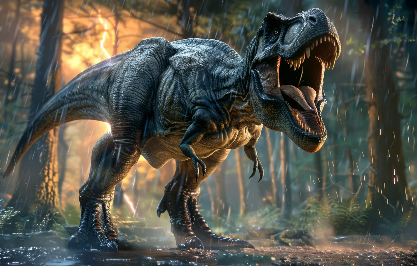 Photo wallpaper face, trees, rain, animal, lightning, dinosaur, predator, teeth