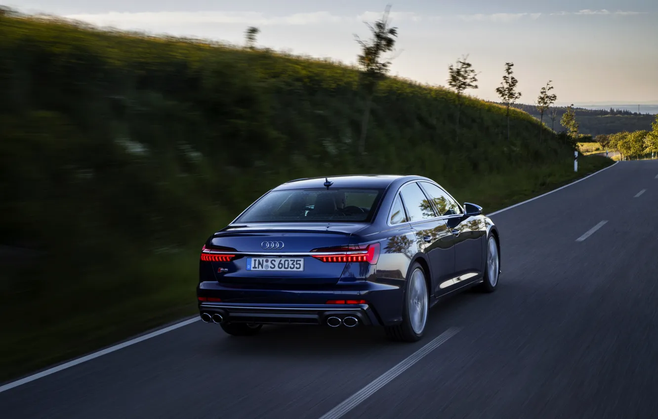 Photo wallpaper road, Audi, back, sedan, dark blue, Audi A6, 2019, Audi S6