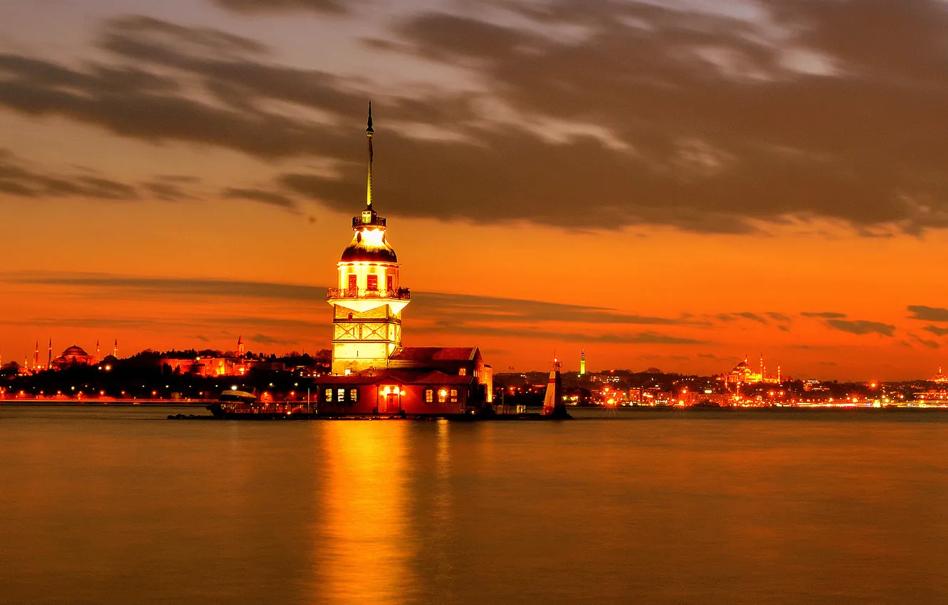 Photo wallpaper sea, the sky, clouds, sunset, night, lights, Strait, the evening