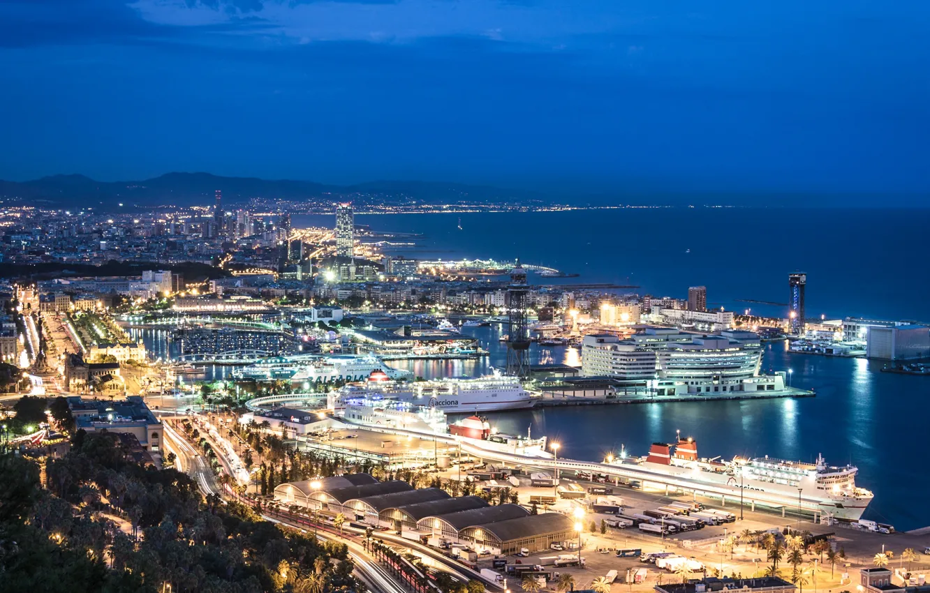 Photo wallpaper sea, night, panorama, Spain, promenade, panorama, night, Barcelona