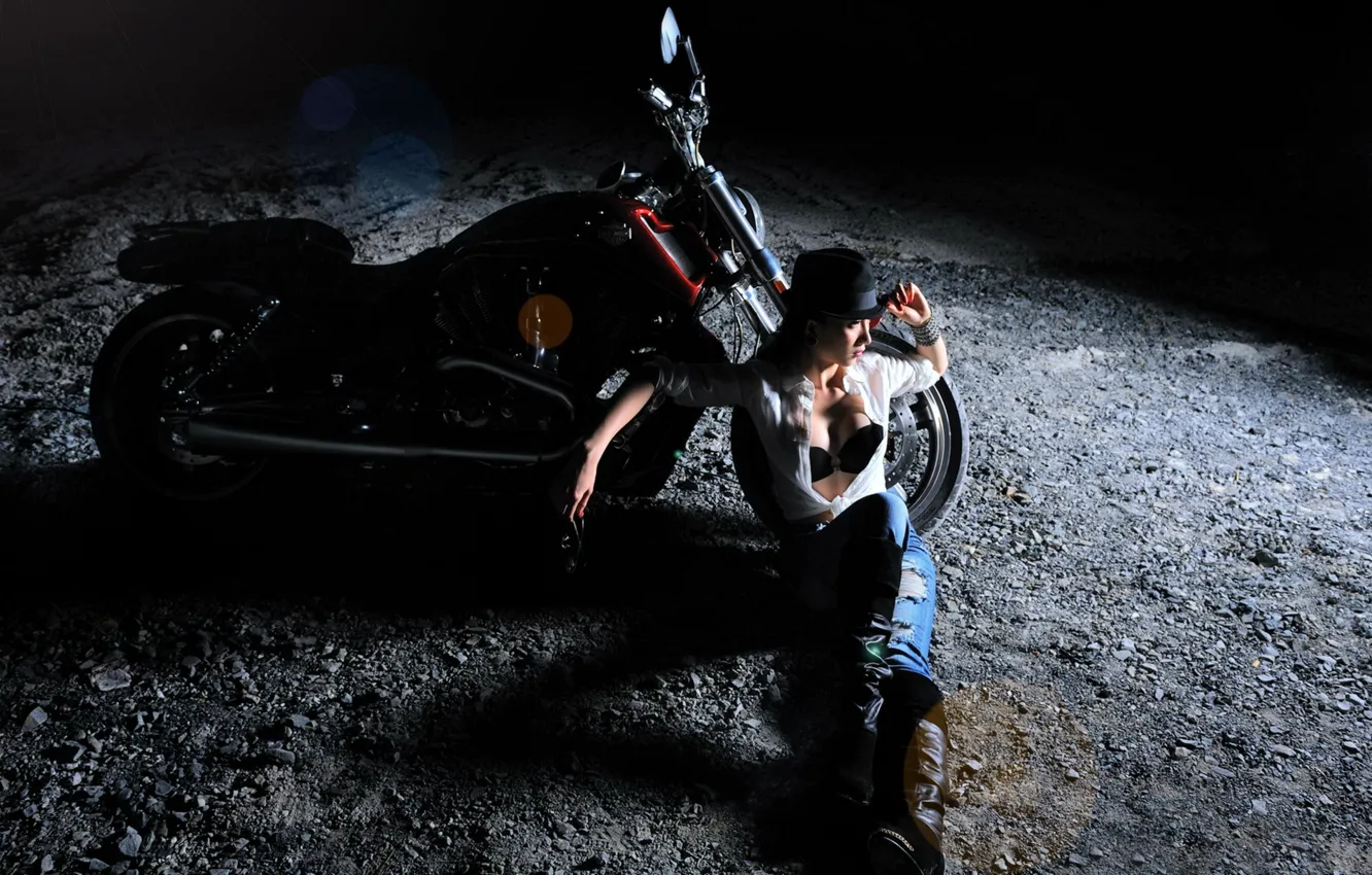 Photo wallpaper girl, night, motorcycle