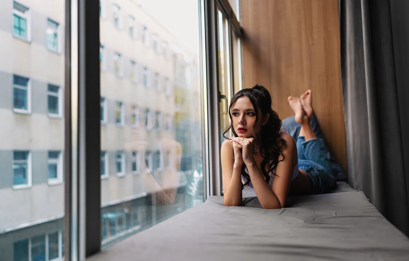 Photo wallpaper girl, model, tattoo, jeans, brunette, makeup, red lipstick, Looking Out Window