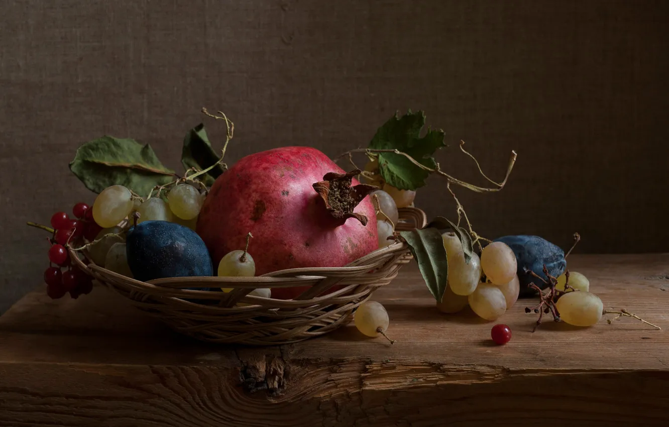 Photo wallpaper leaves, Board, grapes, fruit, still life, plum, network, garnet
