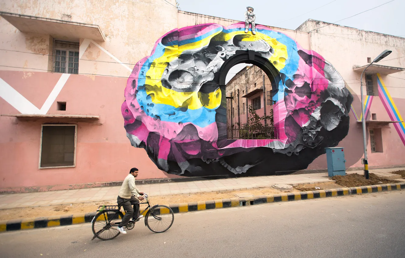 Photo wallpaper road, city, the city, street, building, astronaut, asteroids, cyclist