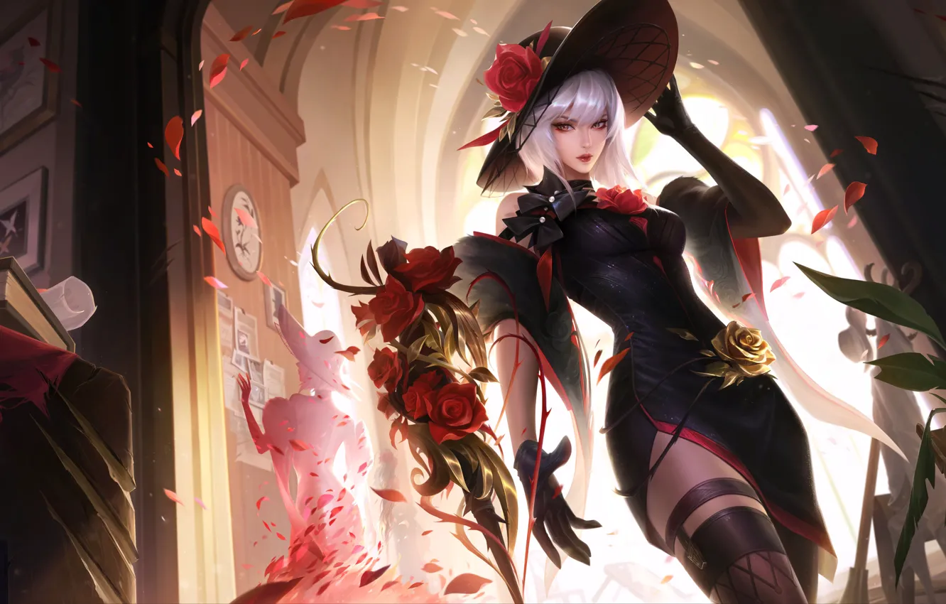 Photo wallpaper roses, bouquet, stockings, knife, hat, game, black dress, gesture