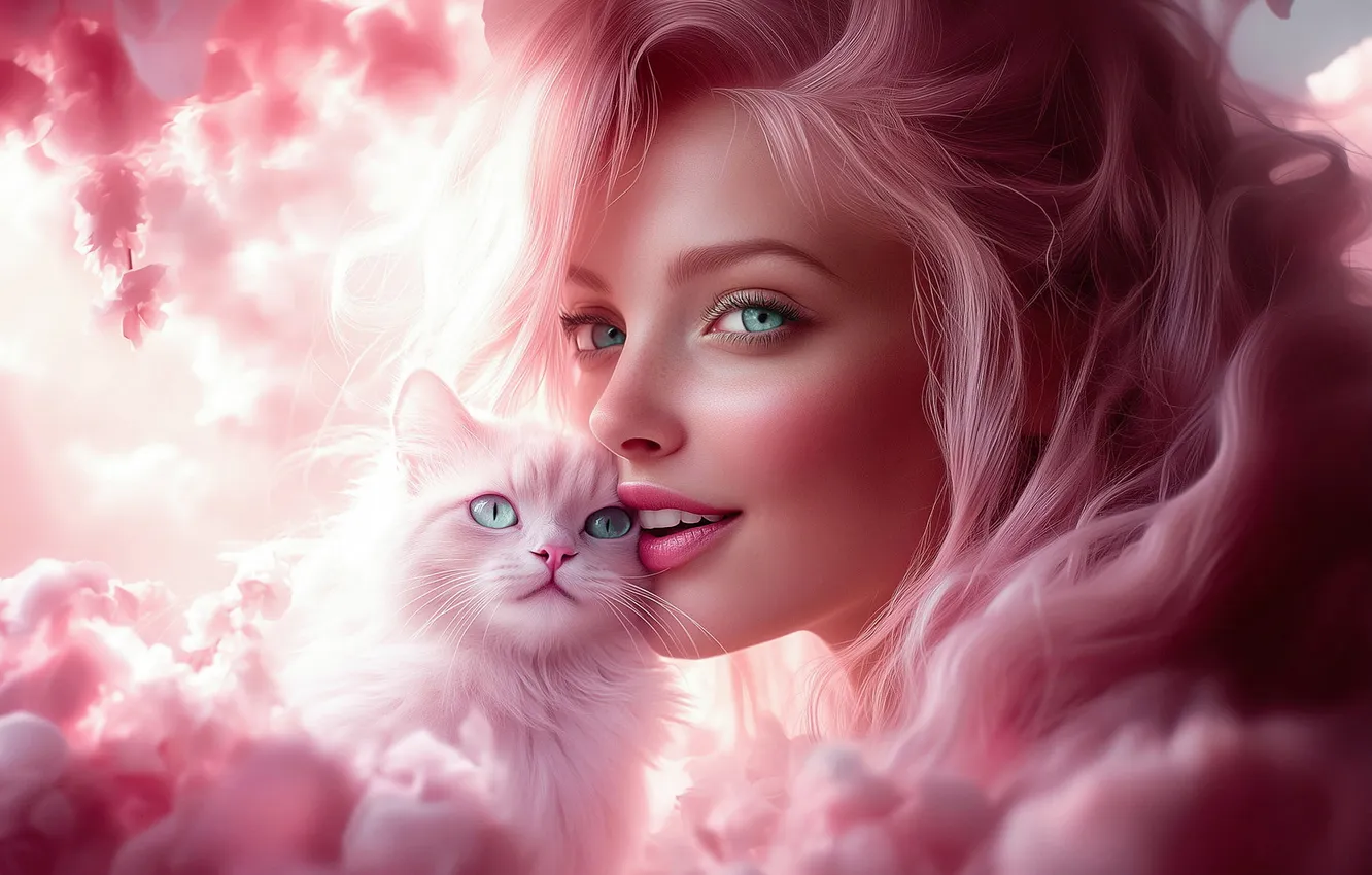 Photo wallpaper cat, white, cat, look, girl, clouds, light, face