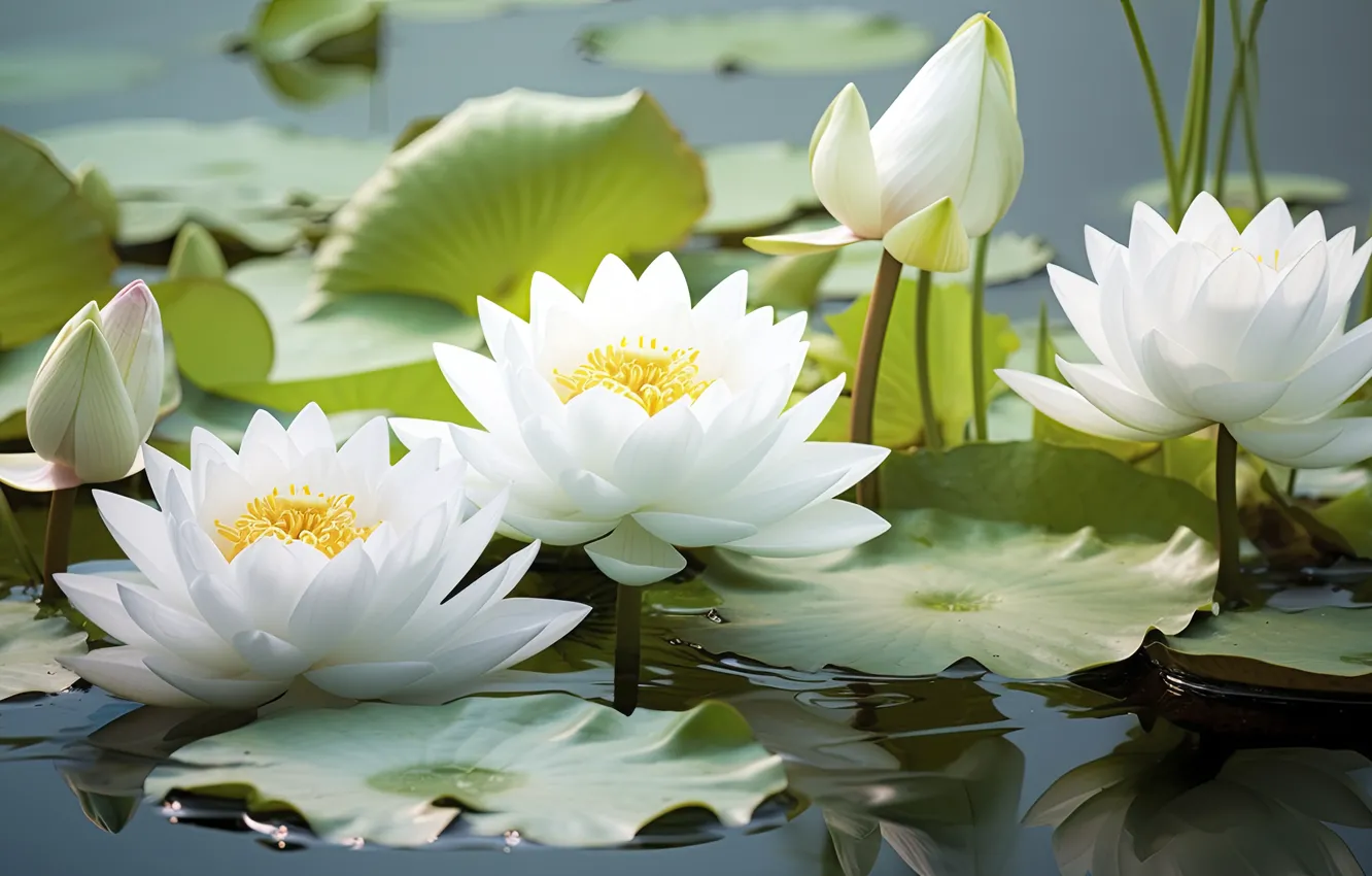 Photo wallpaper leaves, flowers, lake, pond, white, water lilies, pond, water Lily
