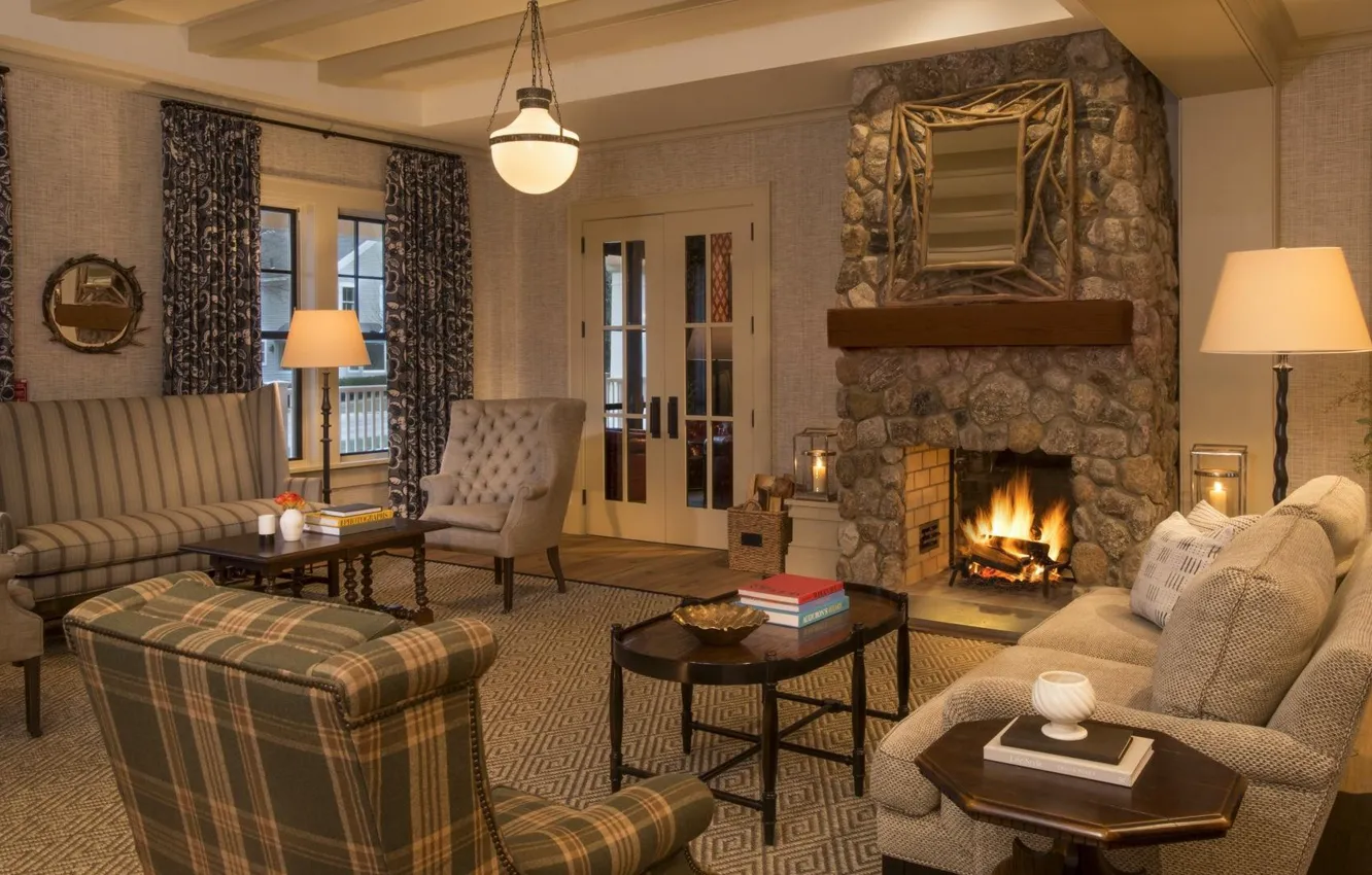 Photo wallpaper room, interior, fireplace, living room, Vermont