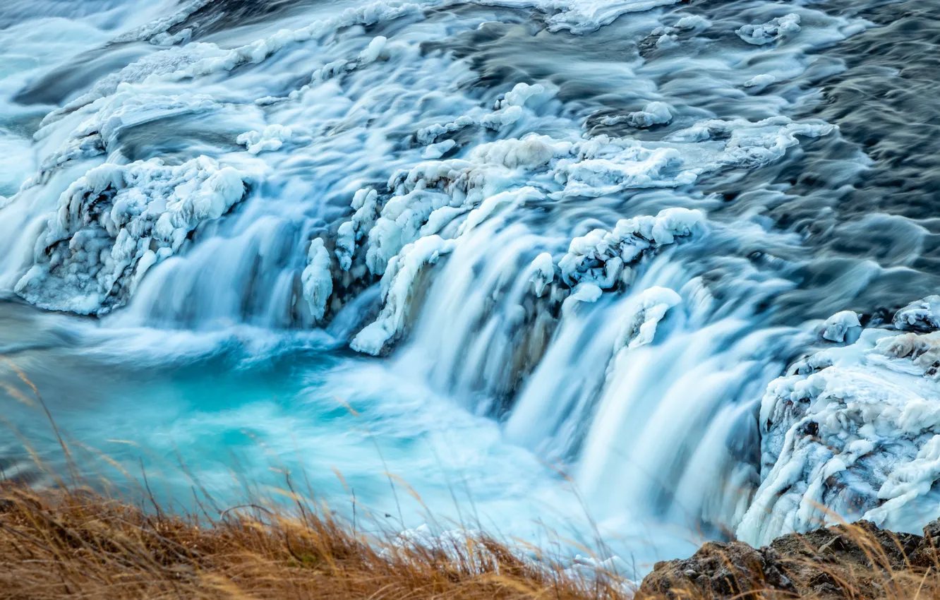 Photo wallpaper winter, snow, waterfall, stream, Iceland