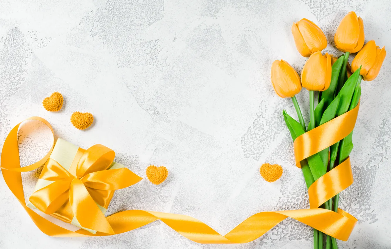 Photo wallpaper love, gift, bouquet, yellow, tape, hearts, tulips, love