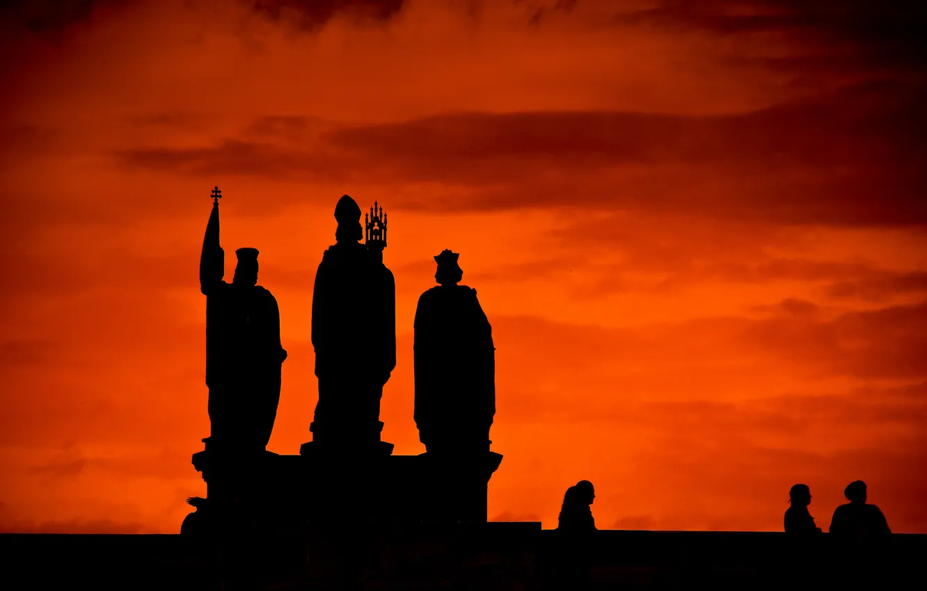 Photo wallpaper the sky, clouds, people, silhouette, glow, sculpture