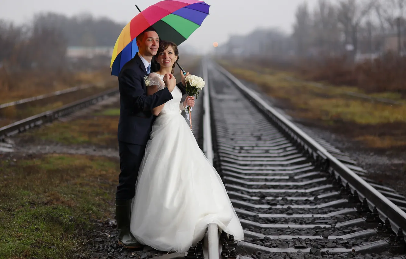 Photo wallpaper umbrella, a couple, the bride, bokeh, the groom