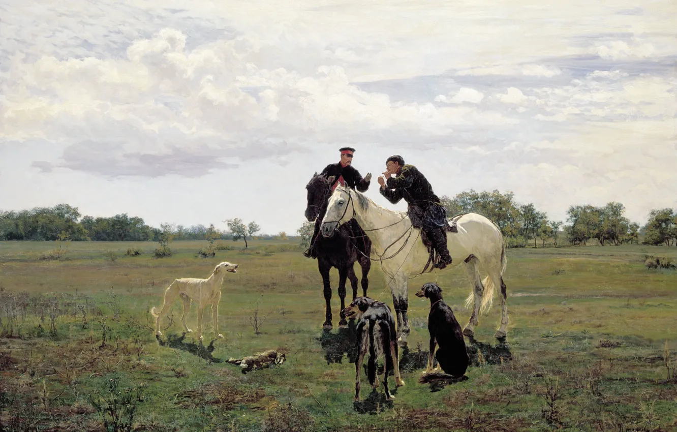 Photo wallpaper field, clouds, oil, horse, Canvas, 1882, Nikolay KUZNETSOV, On leave