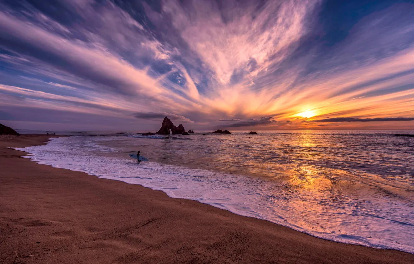 Photo wallpaper sand, wave, beach, foam, the sun, Cirrus clouds, surfer, the crimson