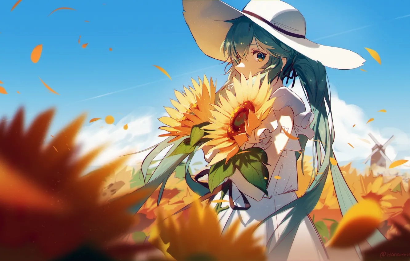 Photo wallpaper summer, girl, sunflowers, Hatsune Miku, Vocaloid