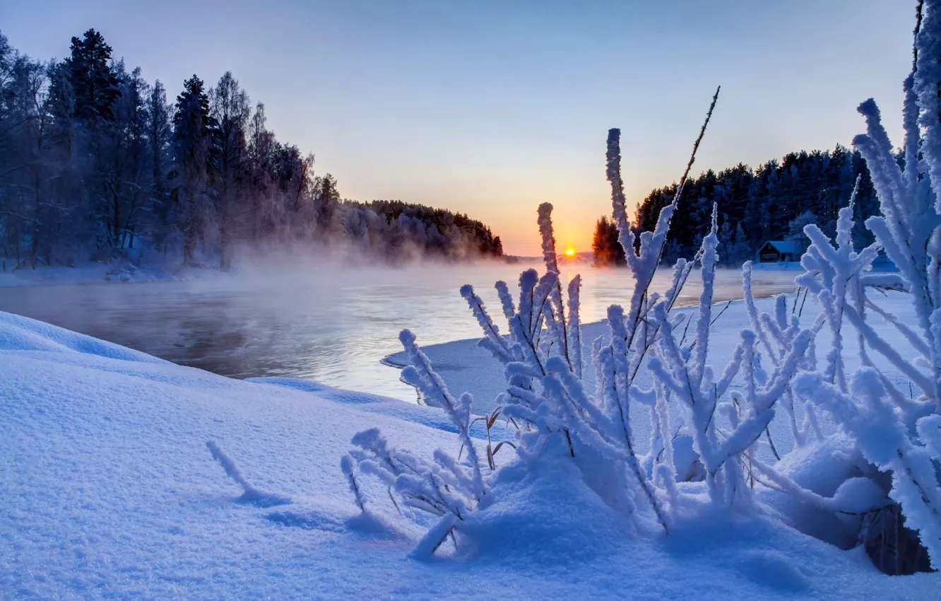Photo wallpaper winter, the sky, clouds, snow, landscape, sunset, nature, river