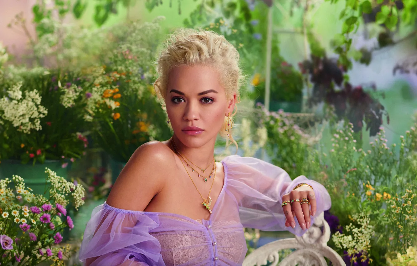 Photo wallpaper look, girl, flowers, face, dress, singer, beauty, chain