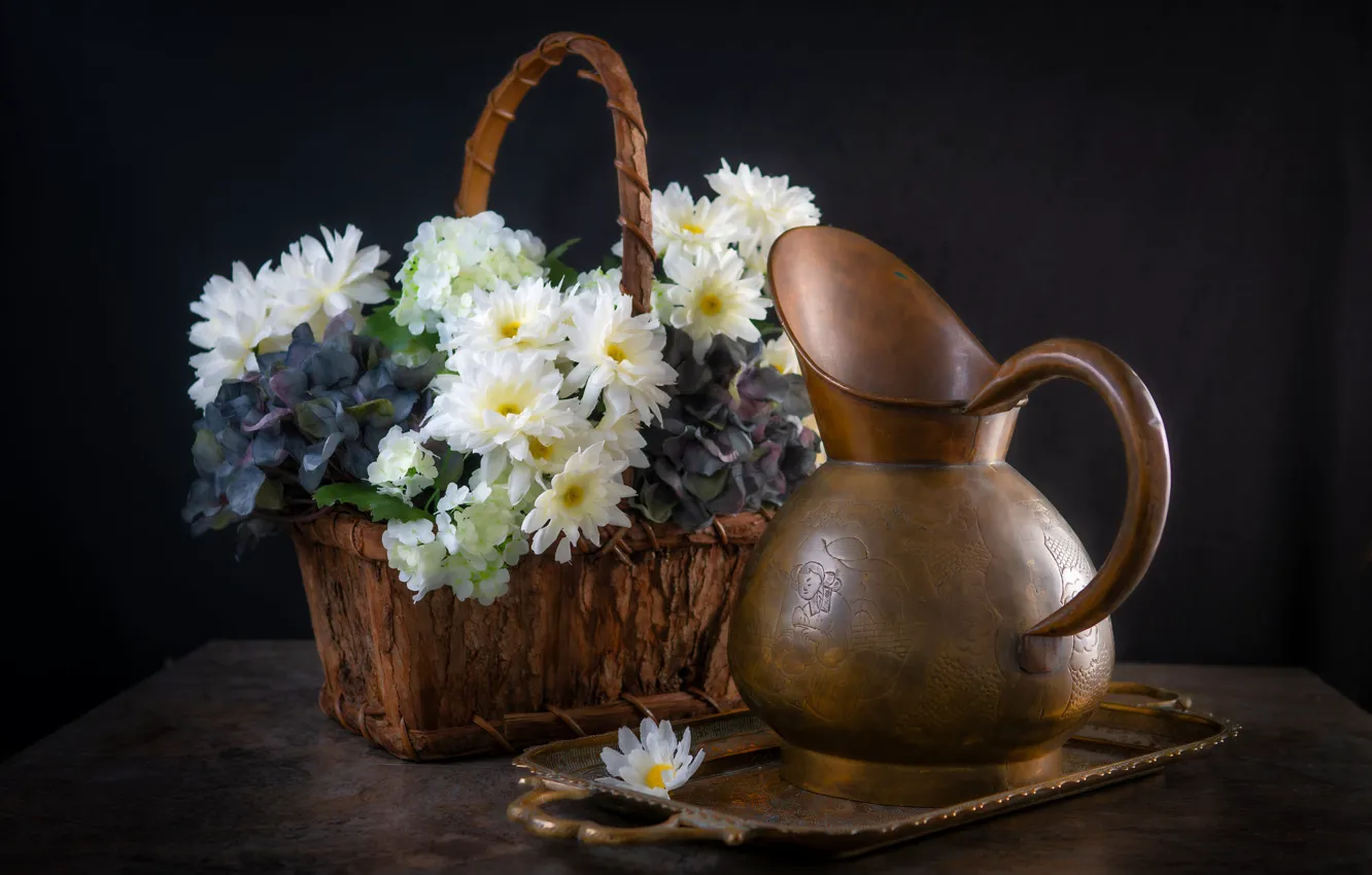 Photo wallpaper flowers, the dark background, table, bouquet, pitcher, white, still life, basket