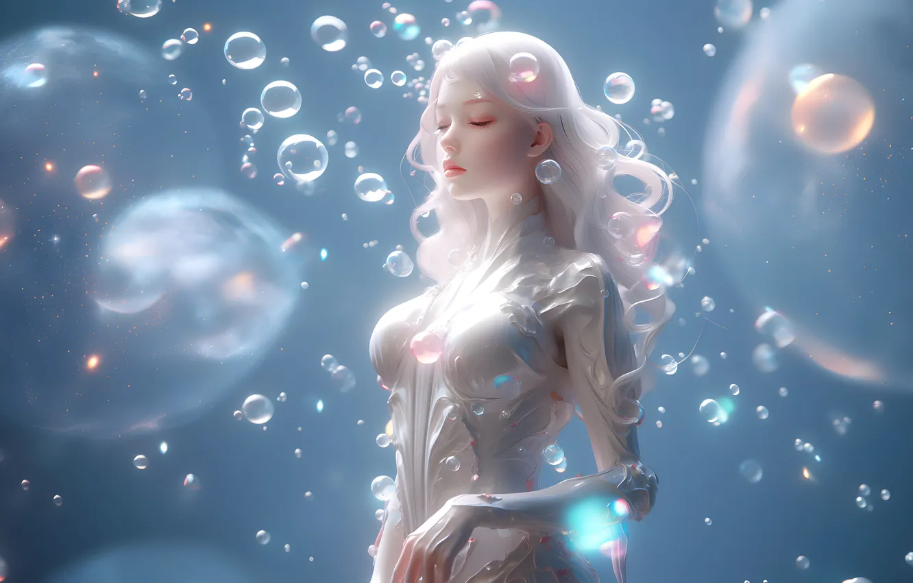 Photo wallpaper bubbles, long hair, women, digital art, Minimalism, simple background, closed eyes, AI Art