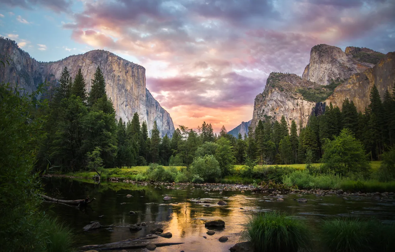 Photo wallpaper forest, the sky, clouds, trees, mountains, lake, Yosemite National Park