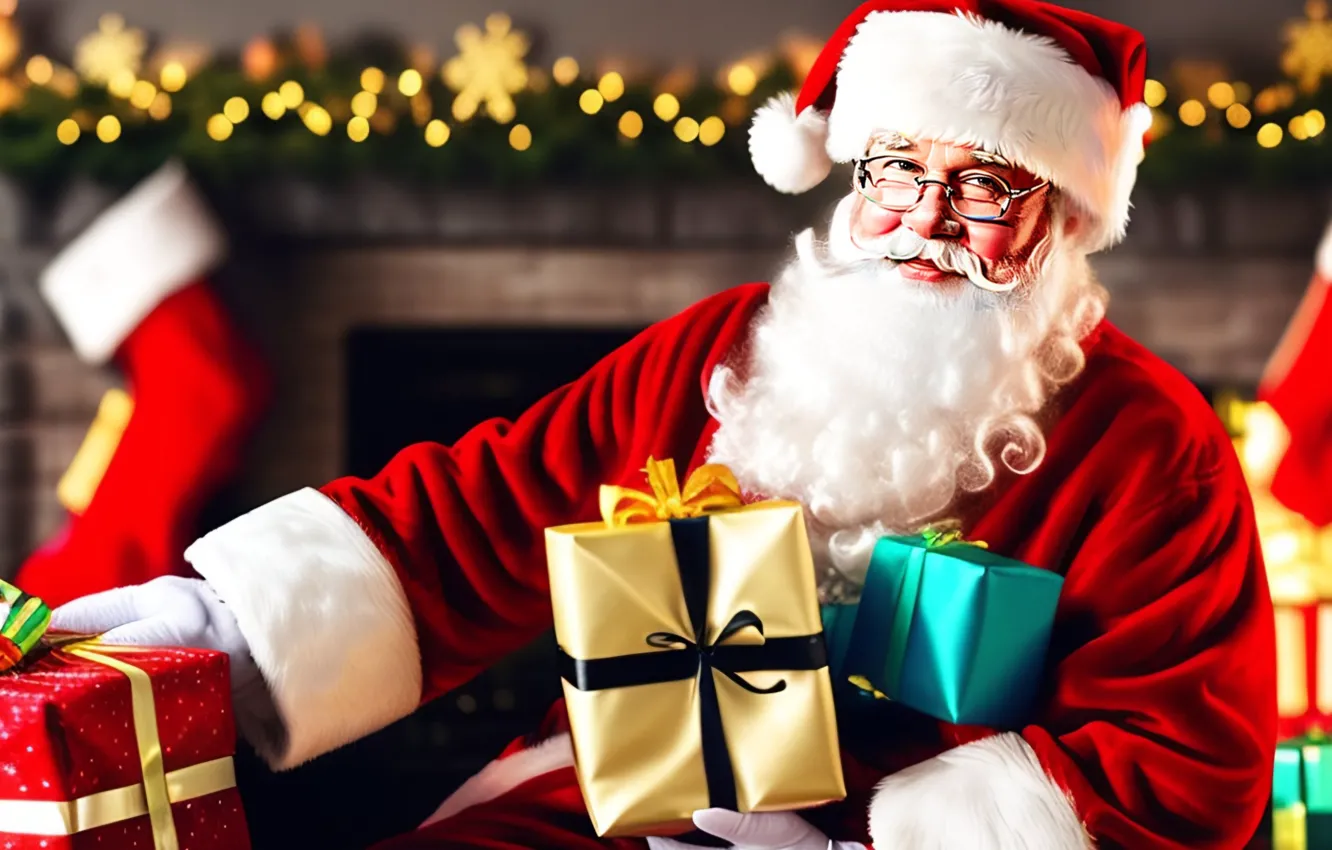Photo wallpaper snow, AI art, winter, new year decorations, Christmas, Santa Claus, new year, neural network