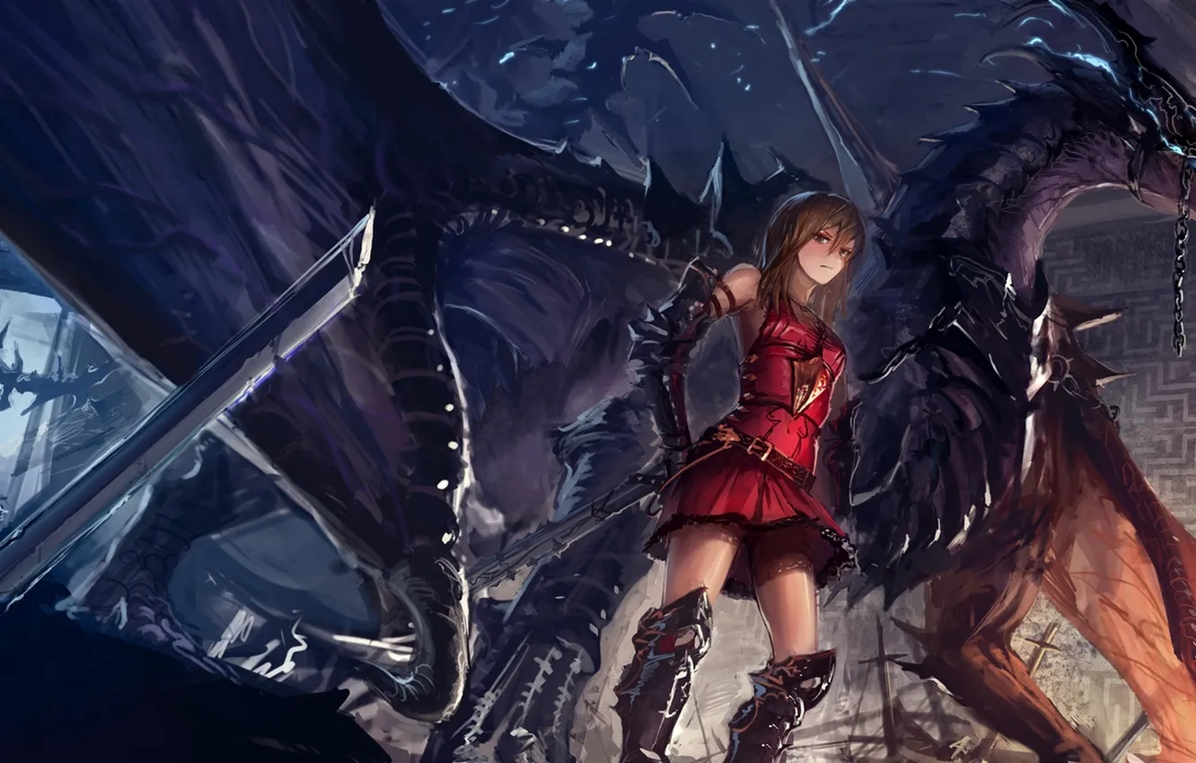 Photo wallpaper girl, weapons, dragon, sword, anime, art, chain, Hikaru