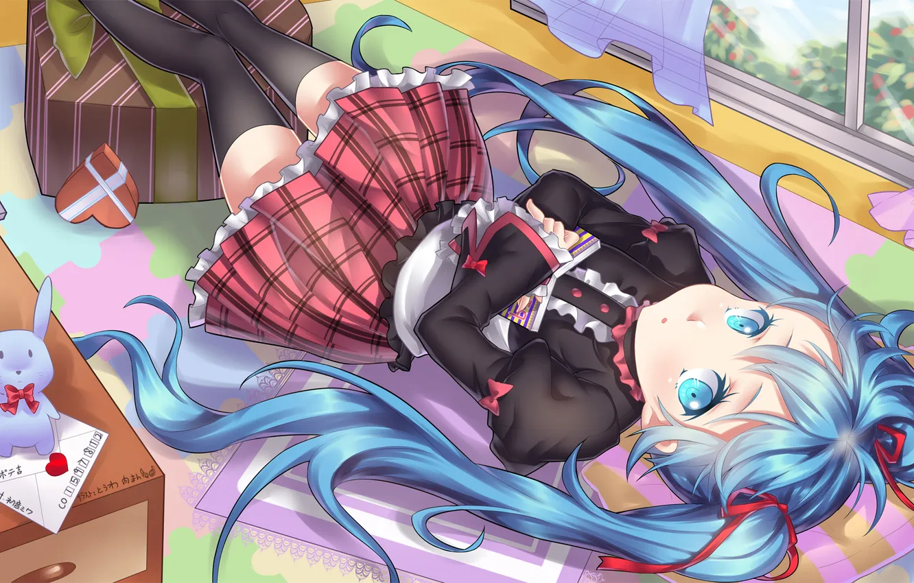 Photo wallpaper box, toy, art, girl, vocaloid, hatsune miku, lying, touwa nikuman