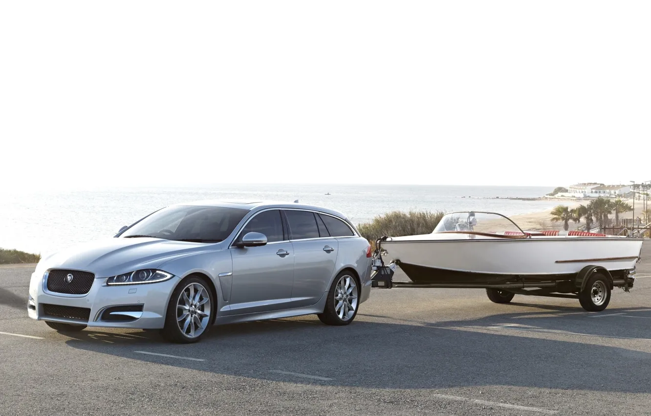 Photo wallpaper the sky, shore, boat, Jaguar, Jaguar, the front, universal, Ixef