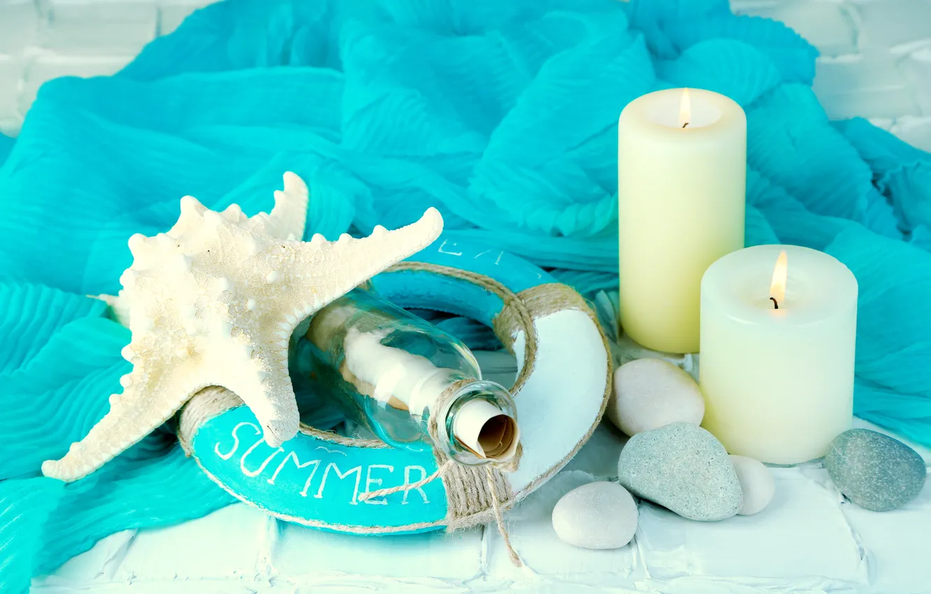 Photo wallpaper stones, candles, starfish, summer, marine, candles, starfish, bottle