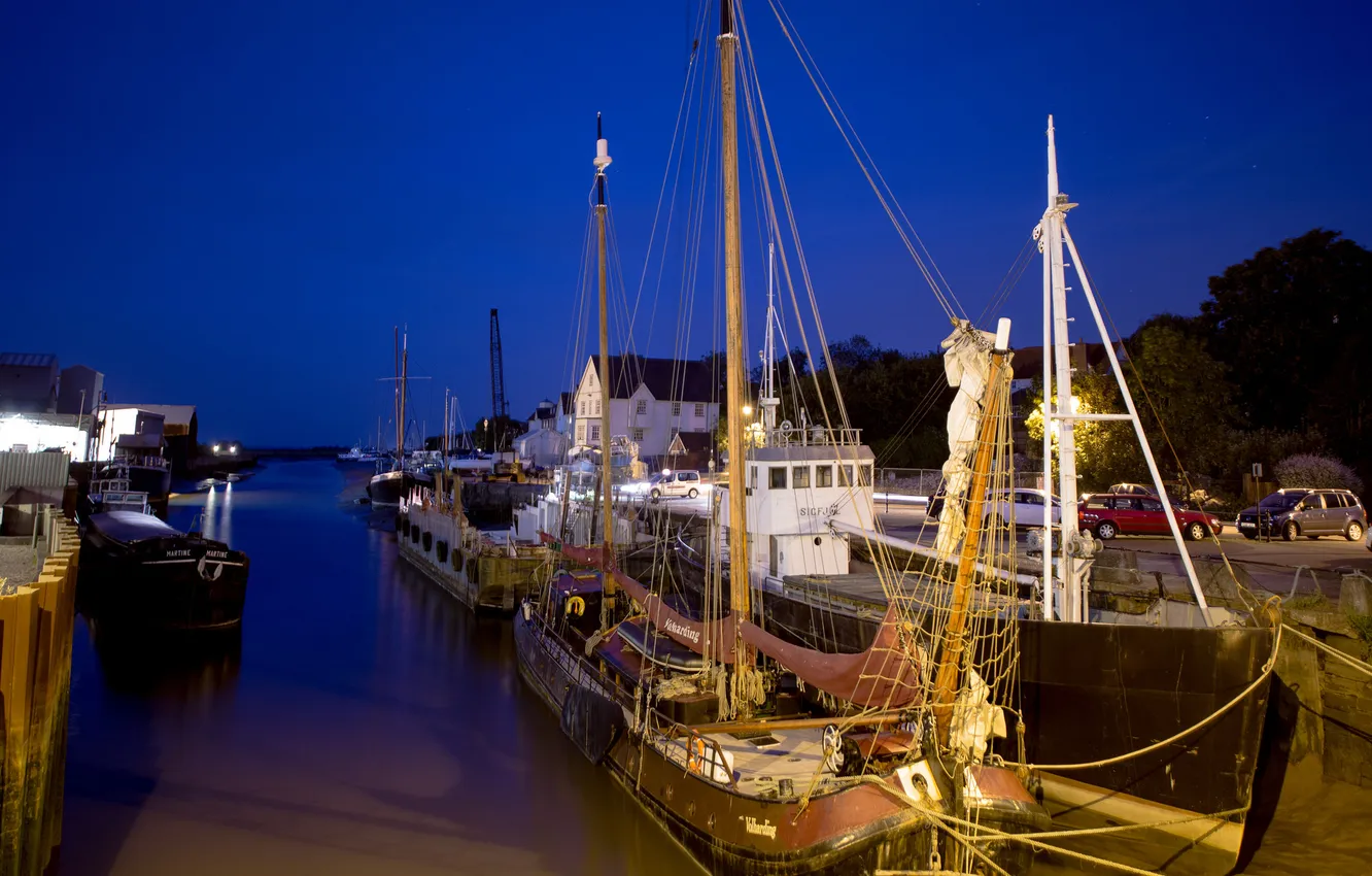 Photo wallpaper sea, the sky, trees, night, ship, Bay, channel, mast