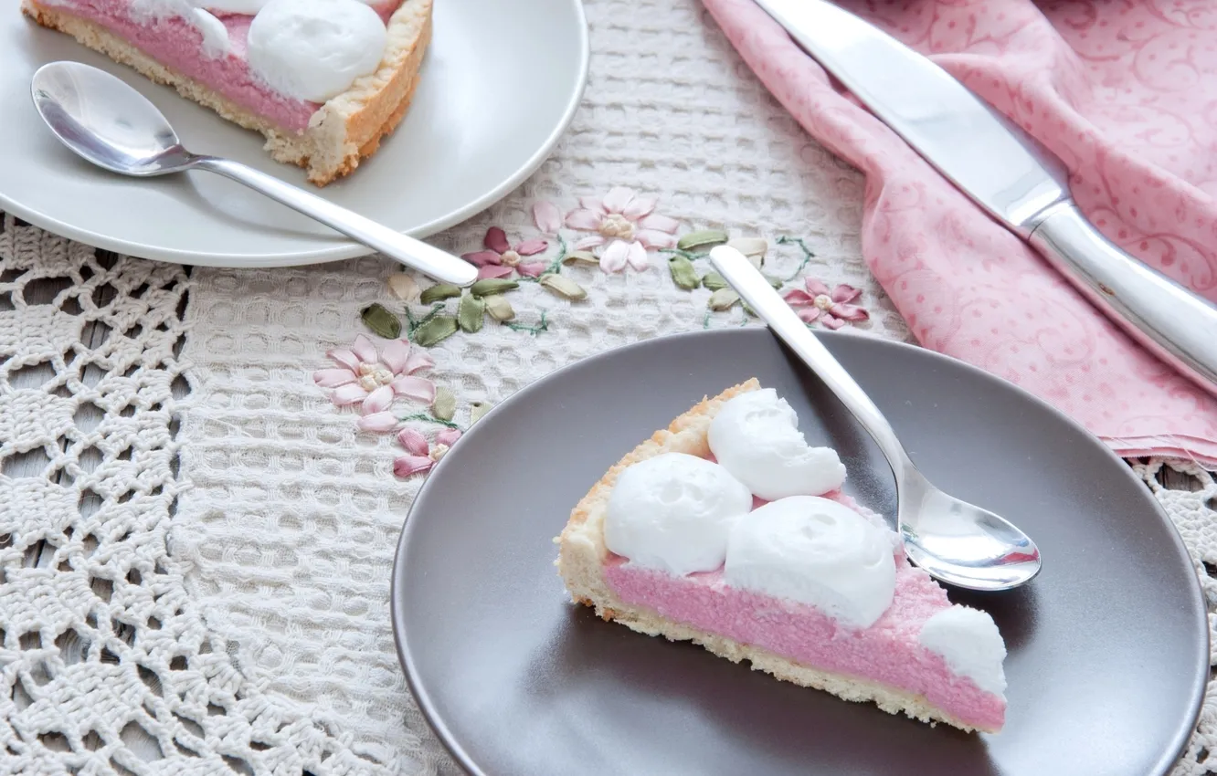Photo wallpaper table, pie, spoon, knife, dishes, cream, dessert, cakes