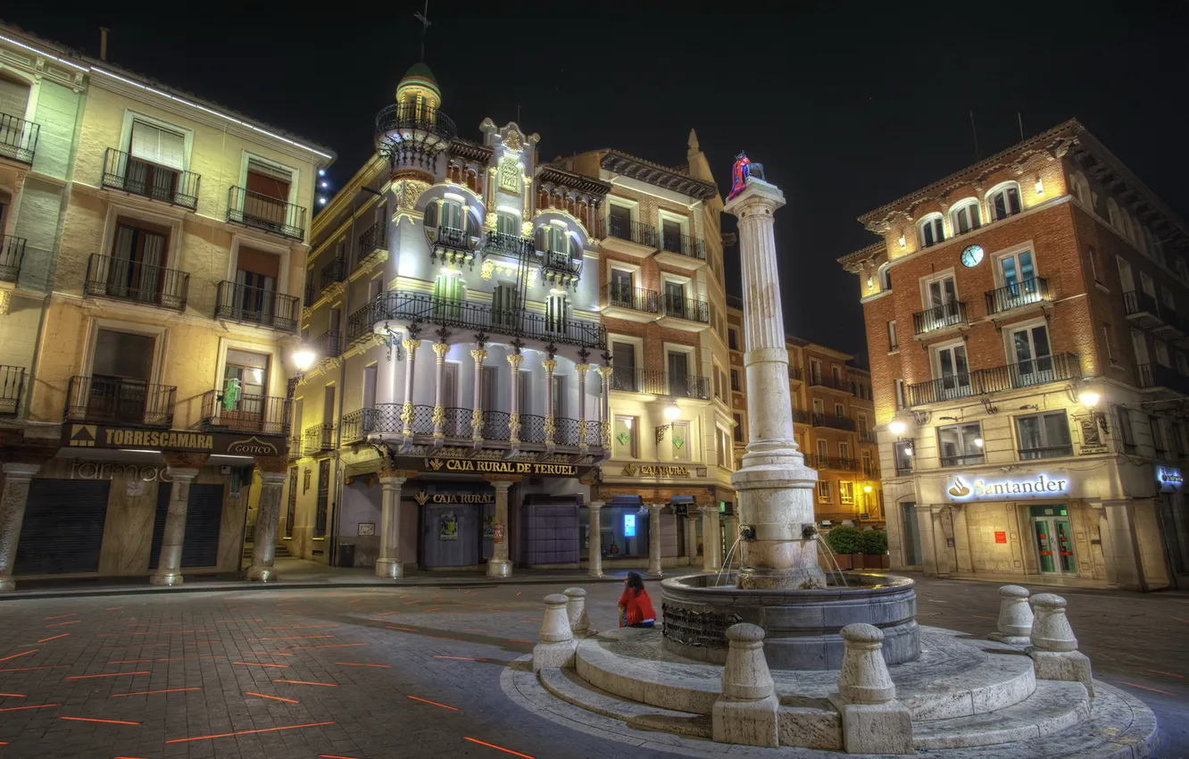 Photo wallpaper night, street, home, area, fountain, architecture, Spain, houses