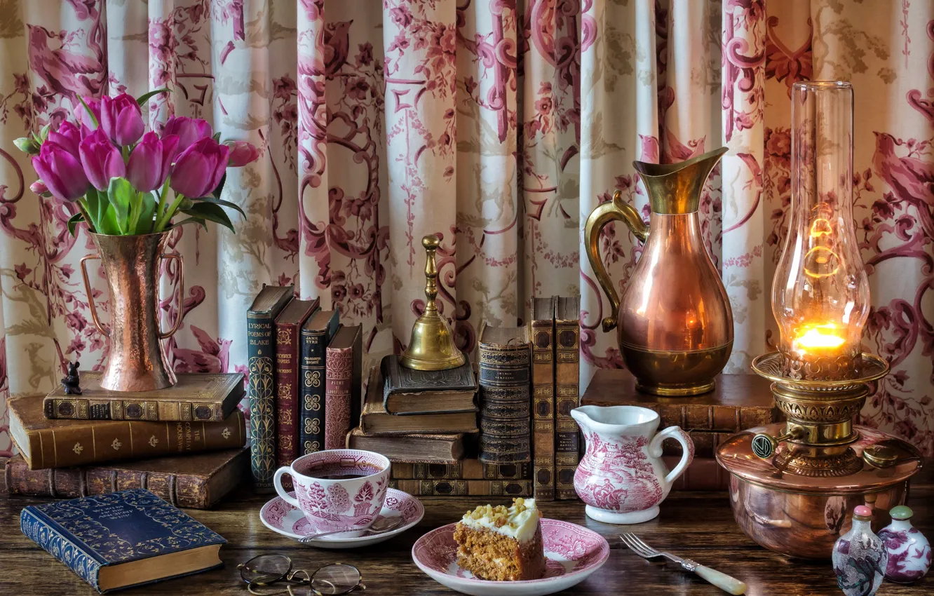 Photo wallpaper flowers, style, tea, books, lamp, glasses, the tea party, tulips