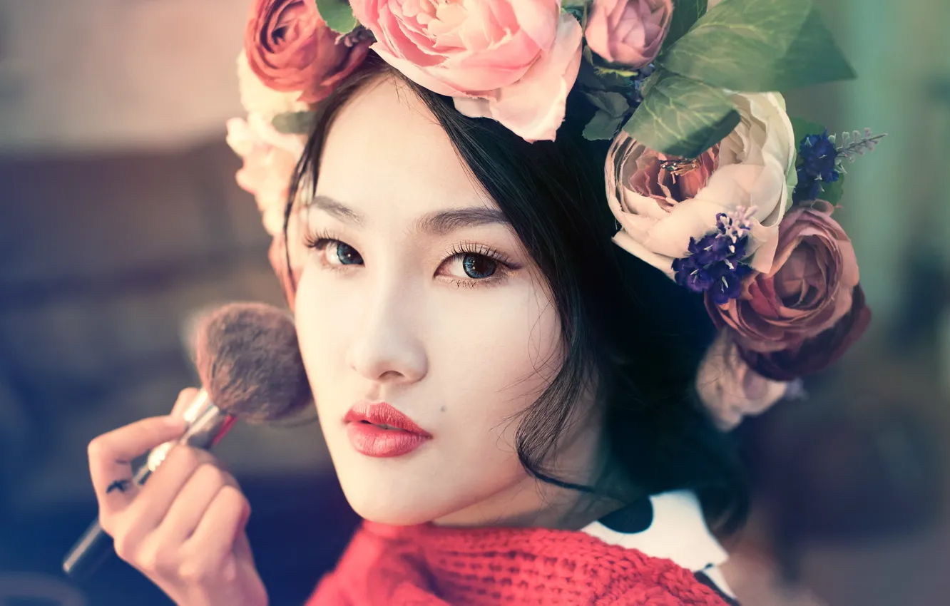 Photo wallpaper look, girl, flowers, face, portrait, makeup, brush, Asian