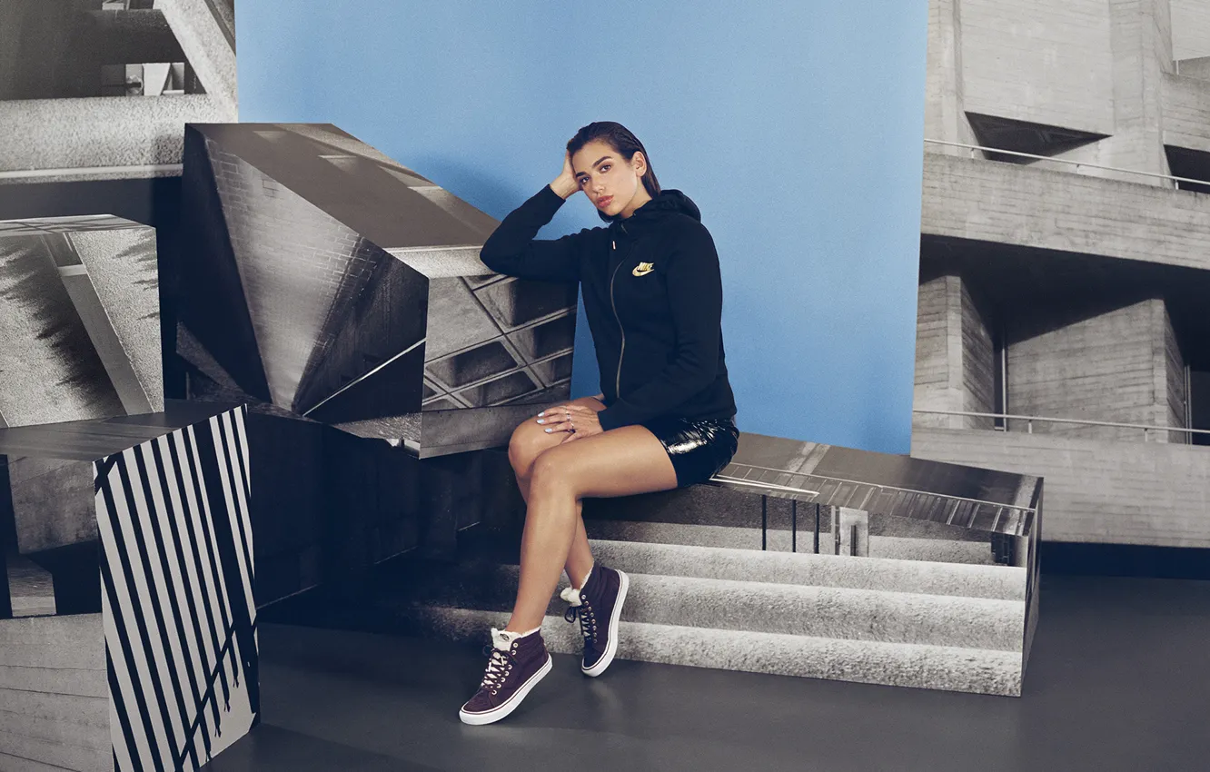 Photo wallpaper look, girl, pose, sneakers, skirt, singer, legs, Dua Lipa