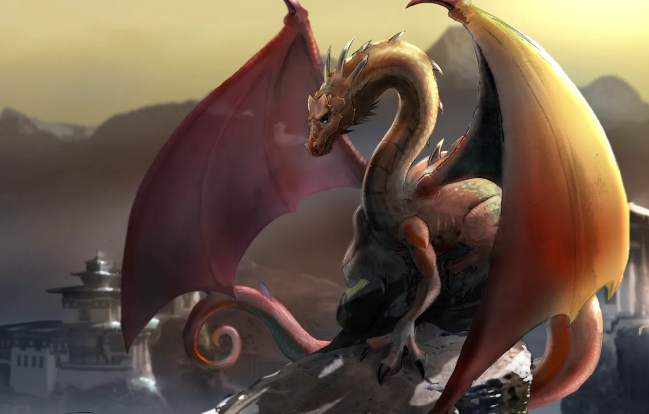 Photo wallpaper the city, fantasy, dragon, wings, art