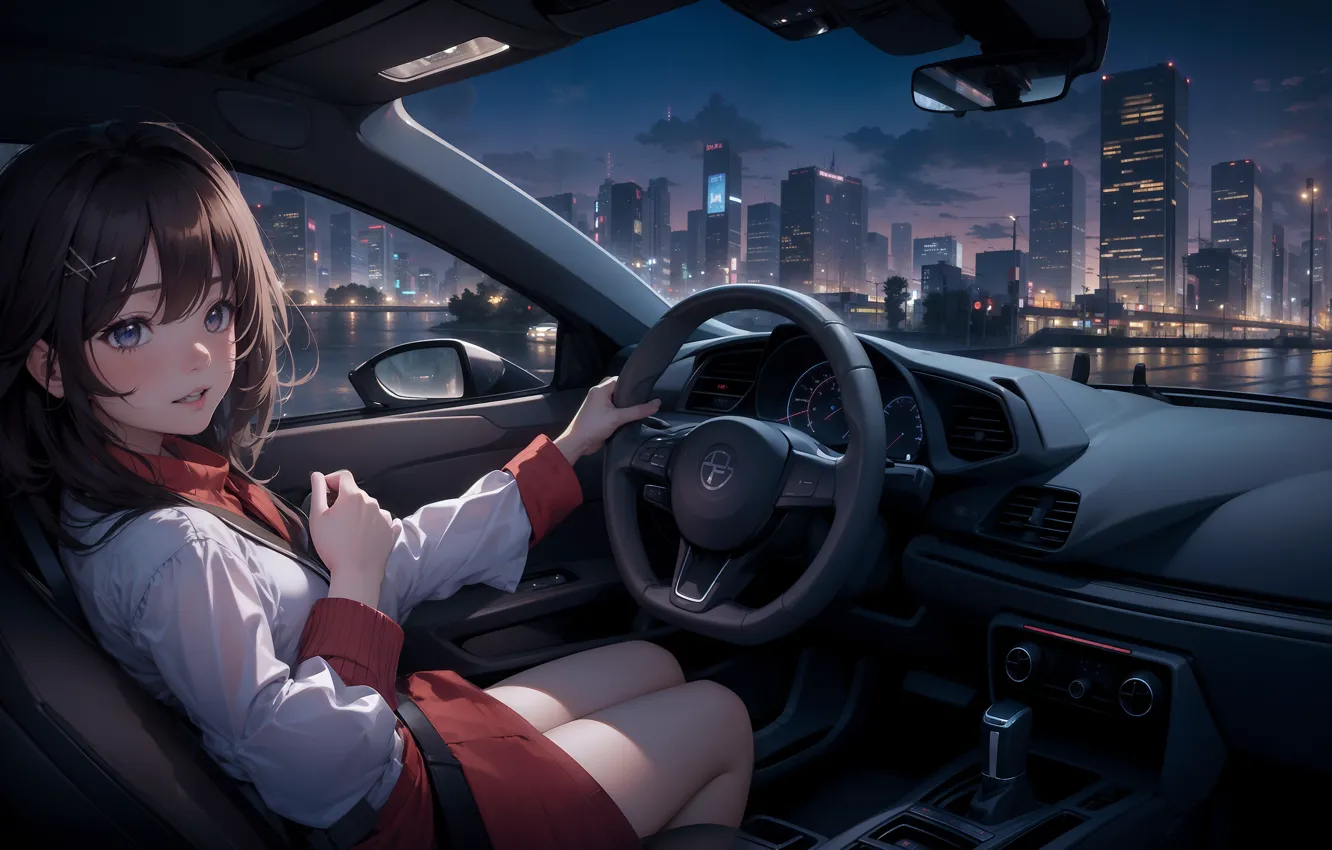 Photo wallpaper Girl, City, Car, Night