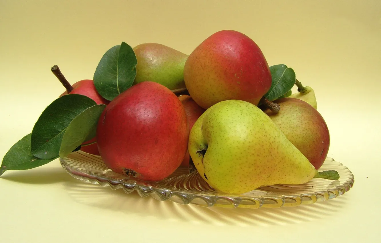 Photo wallpaper plate, pear, yellow background