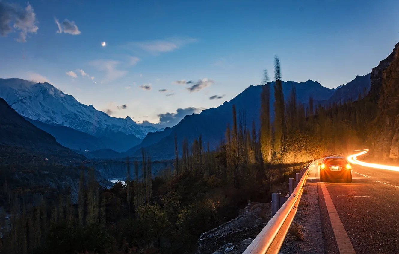 Photo wallpaper road, forest, trees, mountains, lights, rocks, the evening, canyon