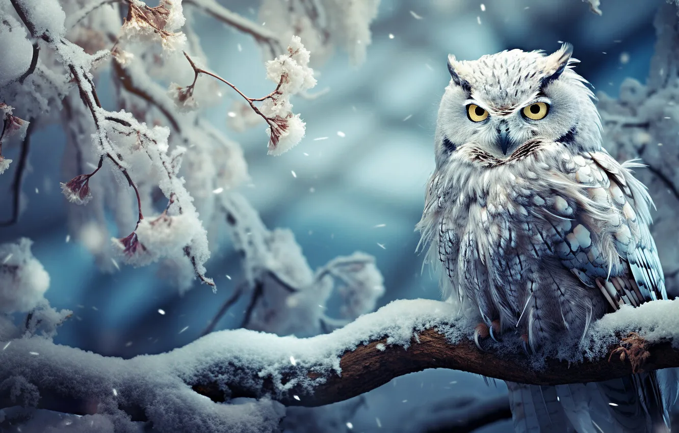 Photo wallpaper winter, look, snow, trees, branches, nature, owl, branch