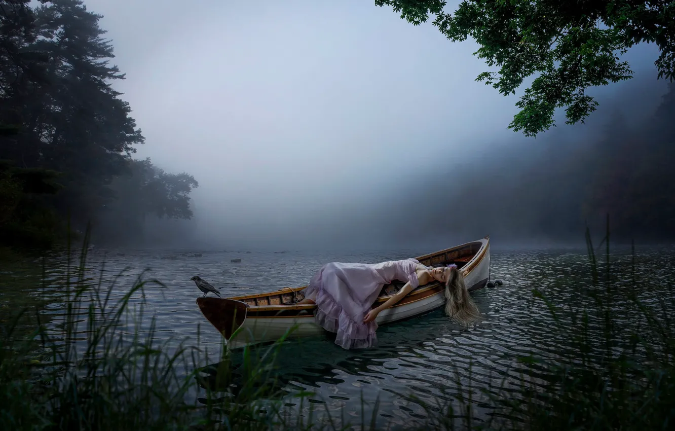 Photo wallpaper grass, girl, nature, pose, fog, shore, boat, sleep