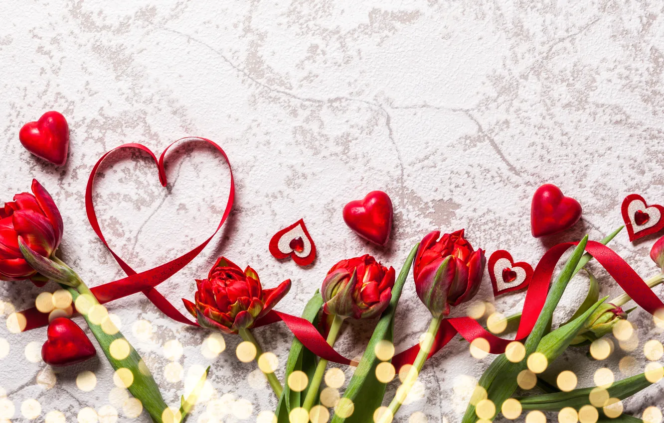 Photo wallpaper love, flowers, bouquet, hearts, tulips, red, love, heart