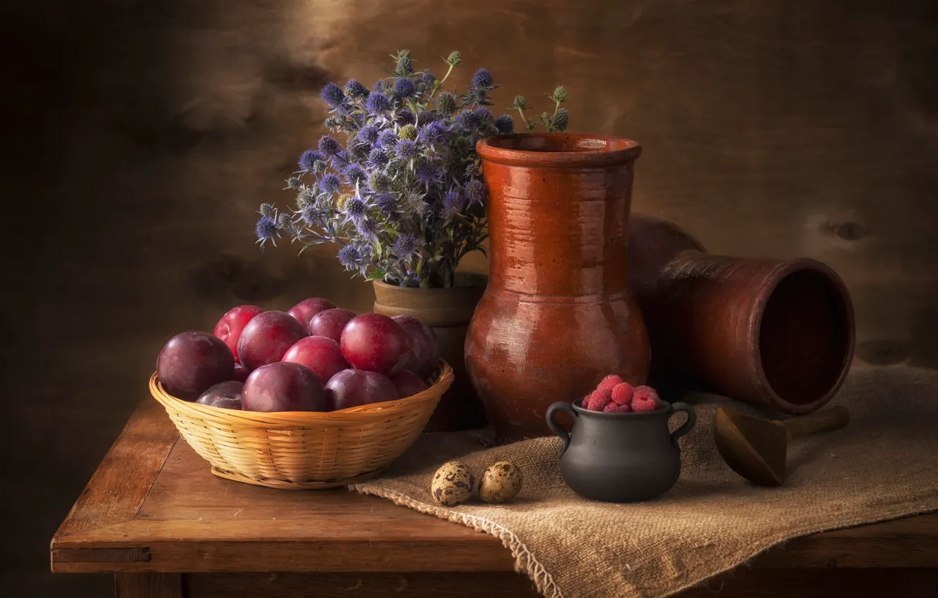 Photo wallpaper flowers, berries, raspberry, table, background, food, eggs, dishes