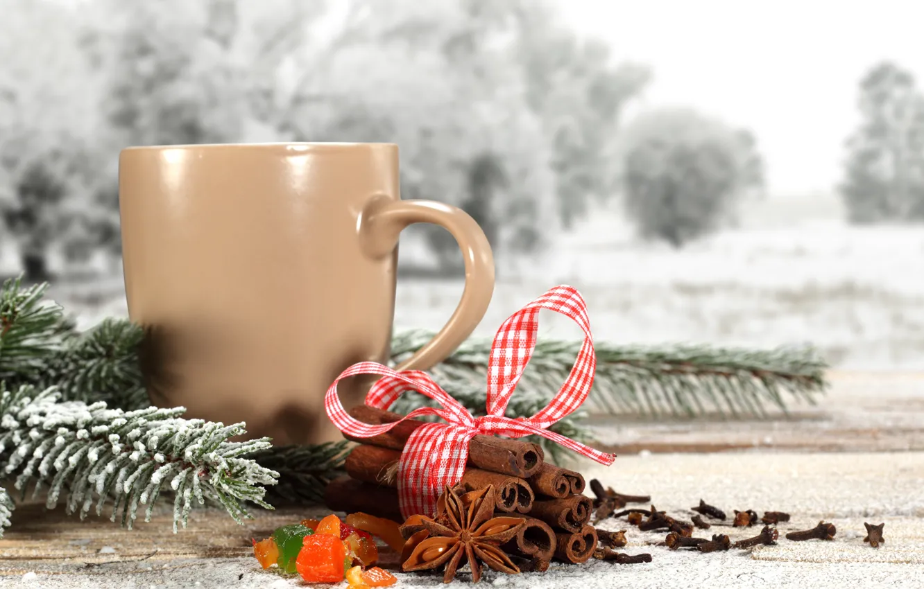 Photo wallpaper winter, snow, sprig, tea, coffee, tape, pine, winter