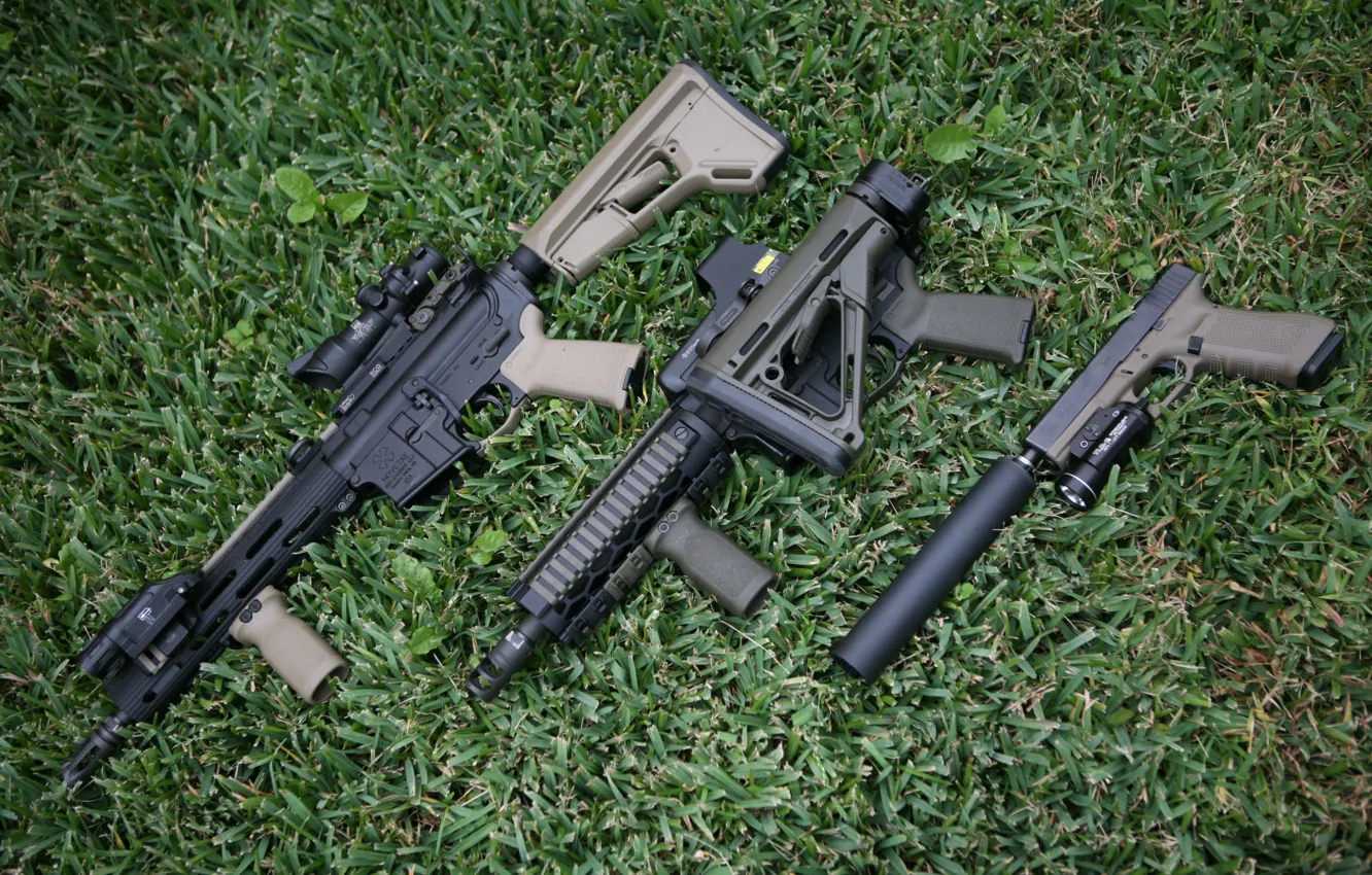 Photo wallpaper grass, gun, weapons, assault rifles