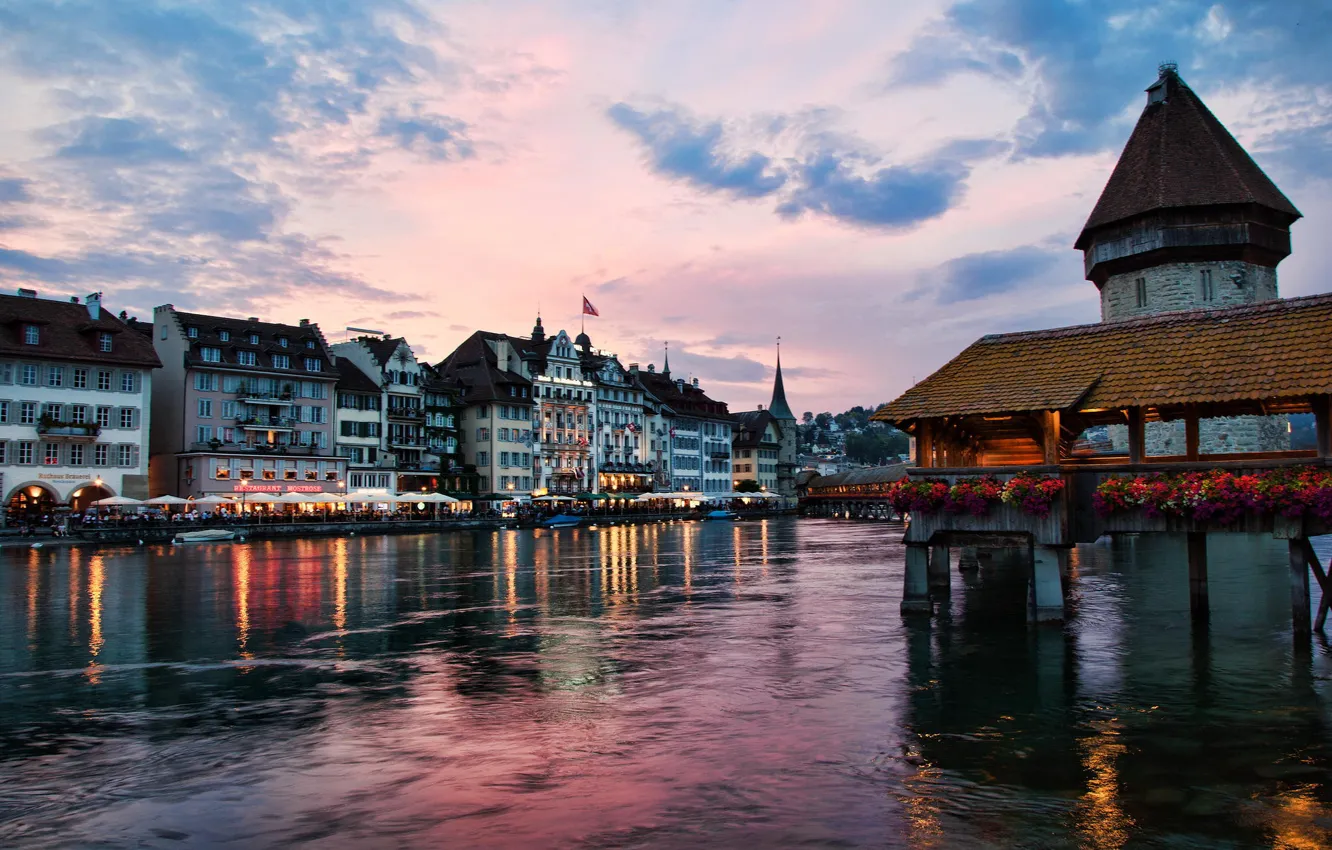 Photo wallpaper clouds, the city, lights, reflection, river, home, the evening, Switzerland
