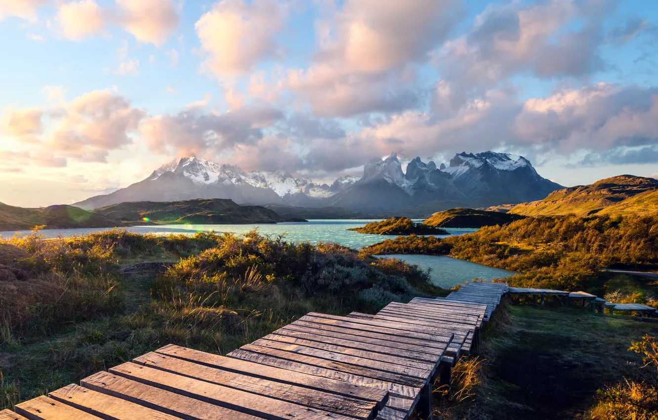 Photo wallpaper clouds, mountains, river, horizon, space, stage, Chile, national Park