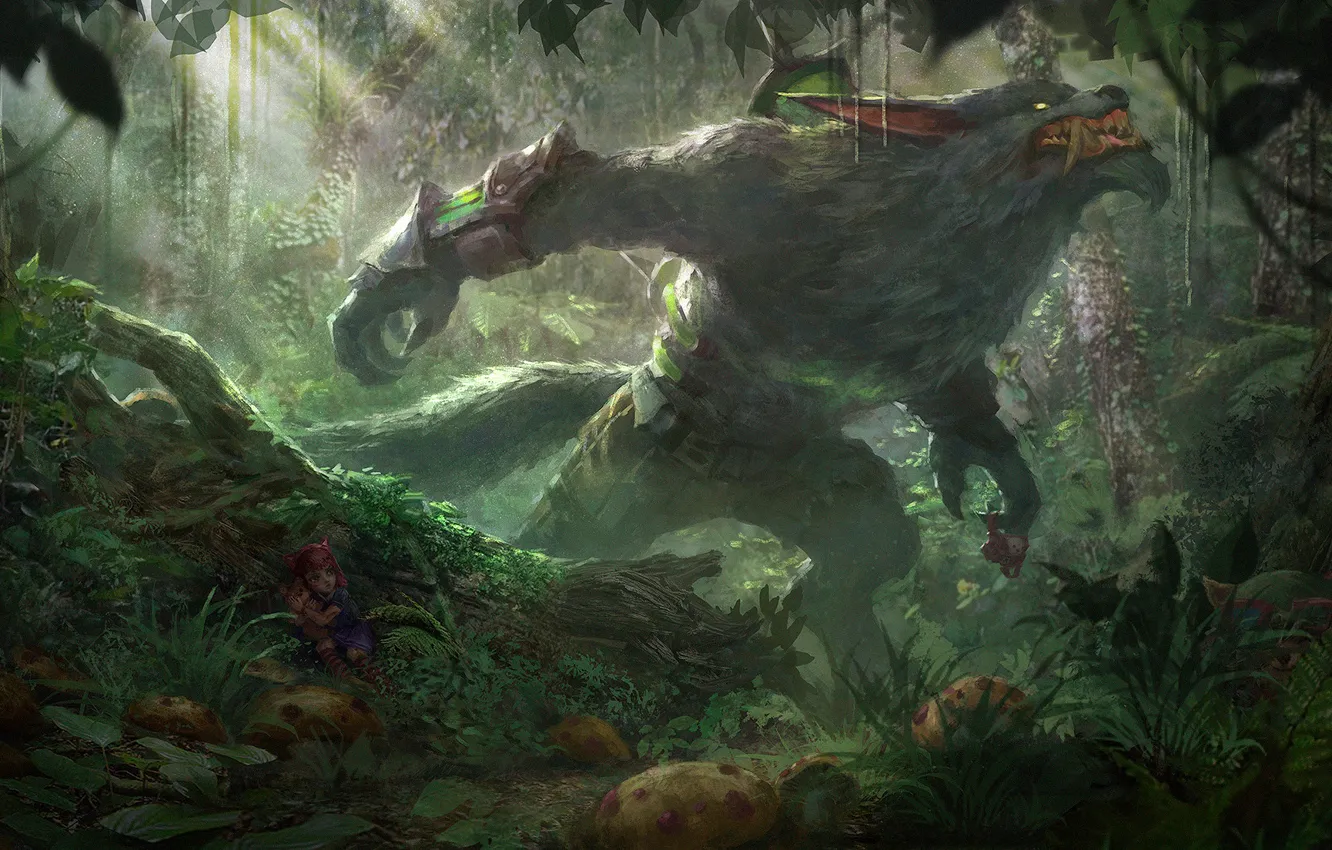 Photo wallpaper fear, thickets, wolf, wool, mushroom, mouth, claws, fangs